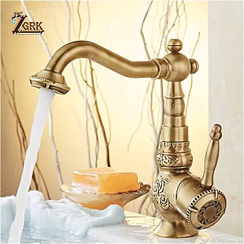 Zgrk アンティーク の 浴室 の 蛇口 洗面高める レトロ クラシック な キッチン ミキサータップ 彫刻スイベル焦がす シングルハンドル シンク タップ