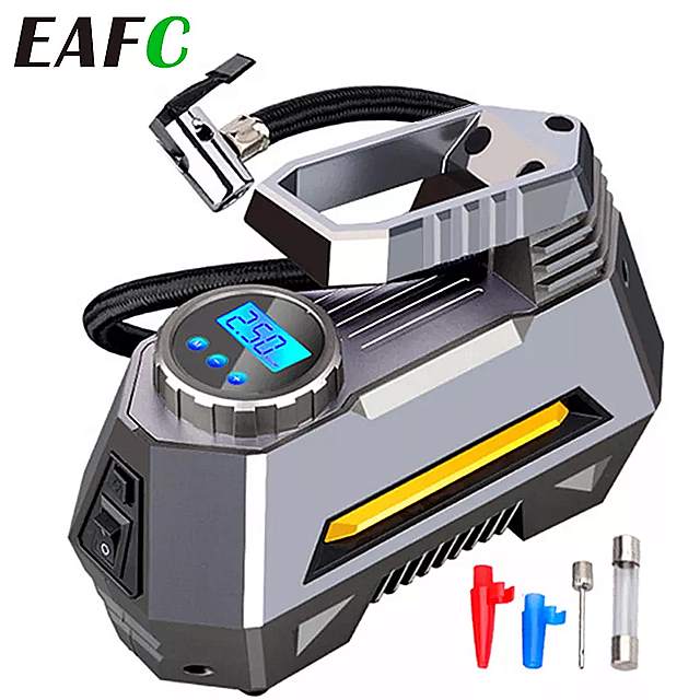 Digital Tyre Pump Electric Car Pump FYLINA Cordless Tyre Inflator Portable Air Compressor Pump with Carry Bag & LED Display & Bright Light & 5 Nozzles 150PSI / DC 12V 