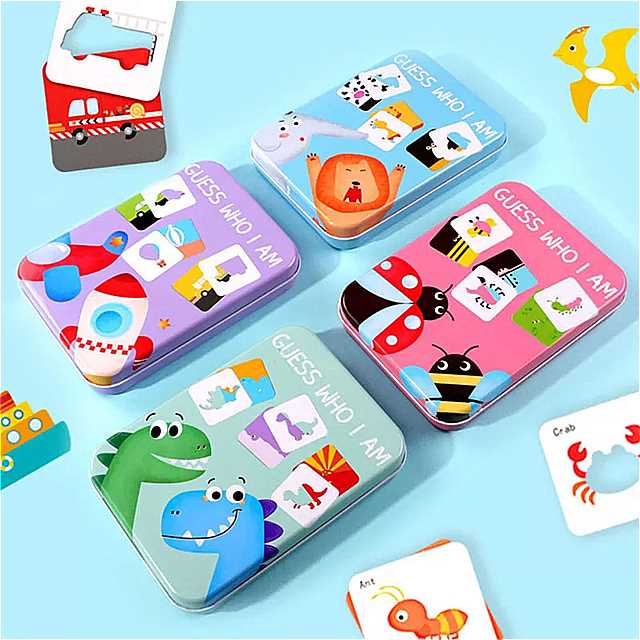 子供 の おもちゃ のパズル おもちゃのゲーム アイアンボックスのカード vehiclフルーツ 動物 モンテッソーリ 教育パズル フラッシュカード 3
