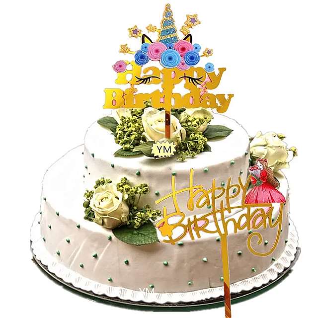 イン ユニコーン ハッピーバースデーケーキトッパー ゴールデン アクリル 誕生日パーティー ケーキトッパー ベビーシャワーのための ユニコーンケーキ装飾 2