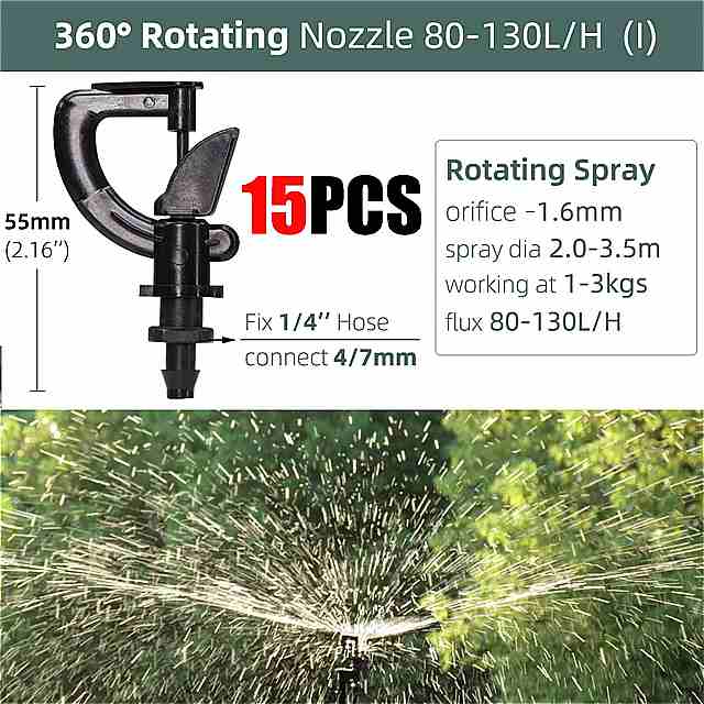 8-15PCS ガーデン ドリッピング 灌漑 ミストシステム 1/4 インチバーブ 90/180/360° 屈折マイクロ ノズル ハンギング 加湿器 噴霧器 ツール