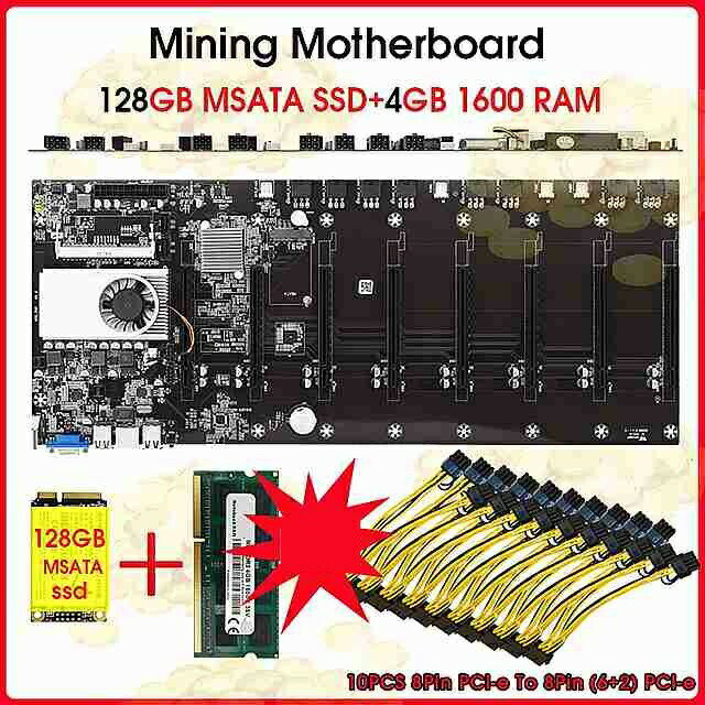 Riserless鉱業 マザーボード 8 gpu bitcoin暗号etherum鉱業で設定4ギガバイトDDR3 1600 ram 1037U 128ギガバイトmsata ssd 電源ケーブル