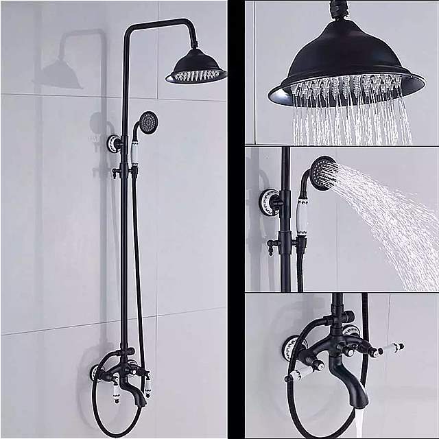 黒 ブロンズ 浴槽 の 蛇口 デュアル セラミック ハンドル 浴室 の シャワー ミキサー 8 "降雨 シャワー 列で壁 浴槽 スパウト 0