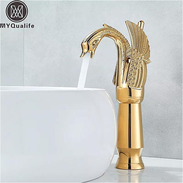 温水 と 冷水 を備えた白鳥の形をした バスルーム の 蛇口 洗面台 の 蛇口 デッキ マウント1つの ハンドル ゴールド カラー 2