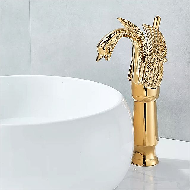 温水 と 冷水 を備えた白鳥の形をした バスルーム の 蛇口 洗面台 の 蛇口 デッキ マウント1つの ハンドル ゴールド カラー 3