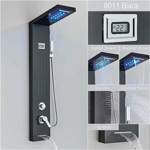 カスケード 効果のある黒い led シャワー パネル マッサージ ジェット スパ バスルーム カラム 温度表示 ミキサー タップ タワー