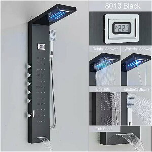 カスケード 効果のある黒い led シャワー パネル マッサージ ジェット スパ バスルーム カラム 温度表示 ミキサー タップ タワー