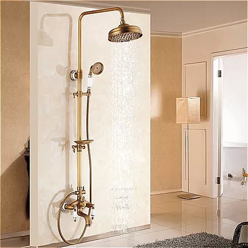 アンティーク 真鍮 シャワー 風呂 の 蛇口 セット 壁掛け 露出8 "降雨 シャワー ミキサー でスライディング ソープ ディッシュ/handshower 0