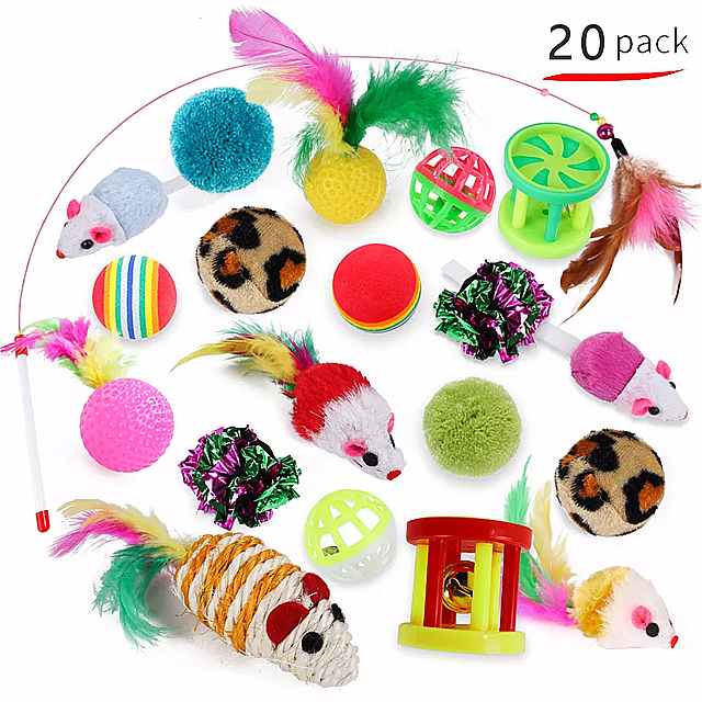 猫用のインタラクティブな おもちゃのボール 20セット カラフルな羽 ぬいぐるみの杖 猫のアクセサリー
