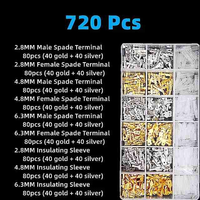720PCS 圧着 端子 + プライヤー 2.8/4.8/6.3mm ゴールデン および シルバー メス および オス 電気 コネクタ ワイヤ スプライシング 端子
