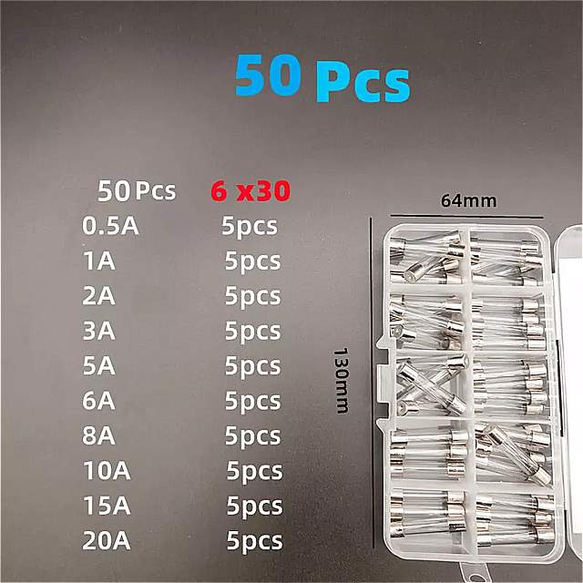 楽天輸入雑貨お取り寄せ Jsameボクサー6*30mm ガラス ヒューズ 電流 保護 アクセサリー 0.5/1/2/3/5/6/8/10/15/20a 50個産業/ 家庭用 ヒューズ