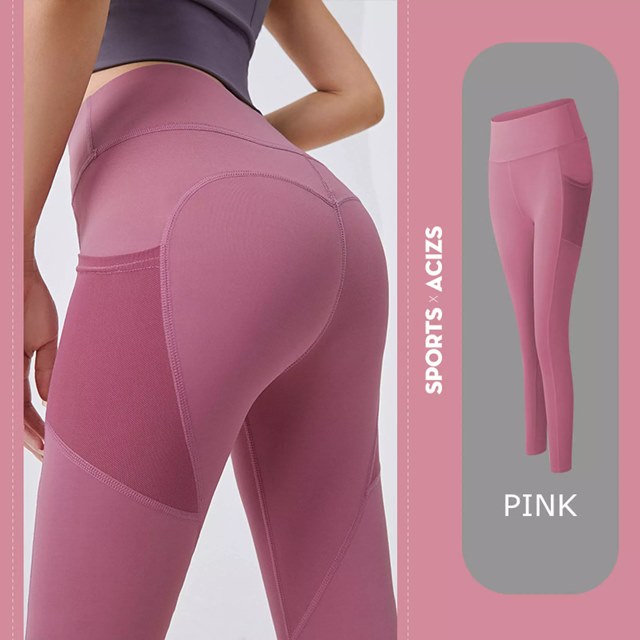 女性 用 ヨガ パンツタイトフィットヒップ速乾性ハイウエスト伸縮性メッシュサイドポケットランニング スポーツ 用