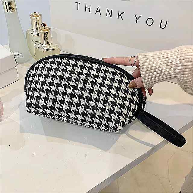 千鳥格子の 化粧品バッグ 女性の クラシックなジッパー付き の 小さなキャンバスバッグ カジュアル メイクアップアクセサリー