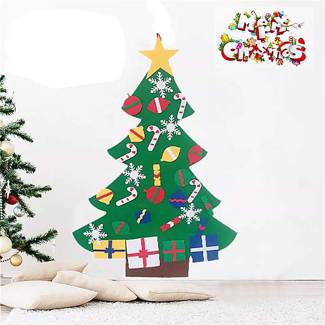 DIYフェルト クリスマス ツリーウォール デコレーション セット、 LEDライト付き オーナメント パーティー 用品 子供 部屋 家の 装飾