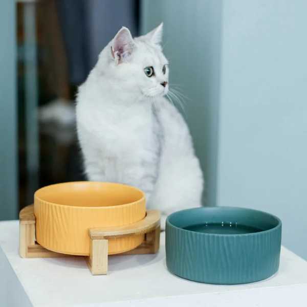 犬 猫 ため セラミックボウル 木製スタンド付き 給餌器 ペット用品 小型動物製品 付属品 # p006