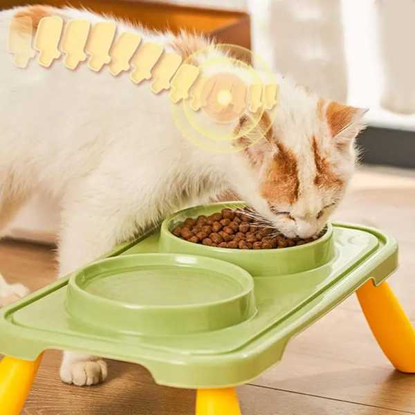 朝食犬ボウルフードウォーターボウルフィーダースタンド付きペット給餌ダブルキャットボウルリフティングテーブル プレート付き犬用品