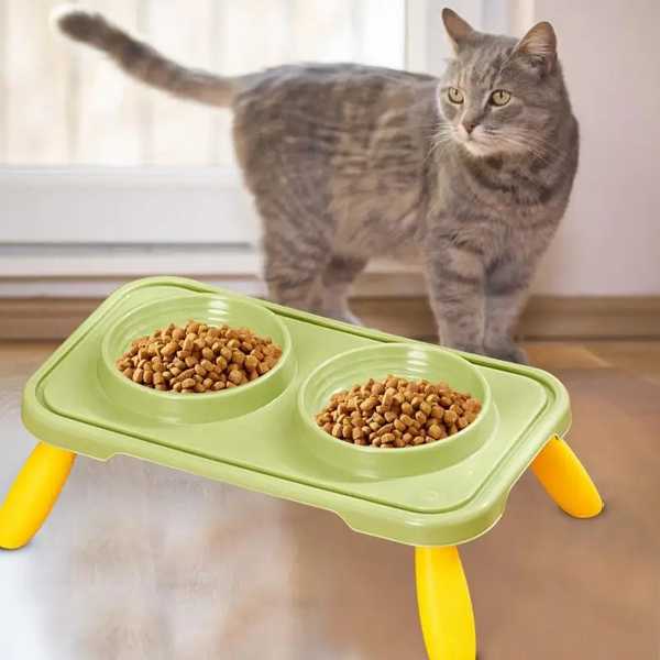 朝食犬ボウルフードウォーターボウルフィーダースタンド付きペット給餌ダブルキャットボウルリフティングテーブル プレート付き犬用品