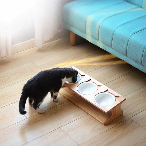 犬 猫 餌箱 3つ セラミックボウル 竹フレーム 滑り止めペット用品