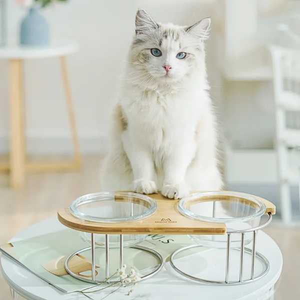 猫用シングルまたはダブルペットフィーダー 小さ 動物用 給餌容器 高ガラス 木製 棚 猫用品