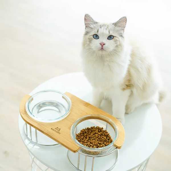 猫用シングルまたはダブルペットフィーダー 小さ 動物用 給餌容器 高ガラス 木製 棚 猫用品