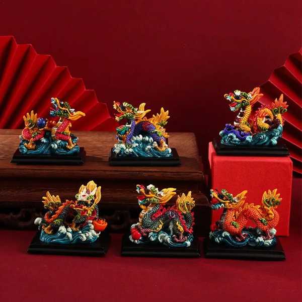 ラッキーカラフルウェルスドラゴンステートレジン彫刻風水装飾 家庭 寝室 オフィス デスクトップ 6.5x6cm