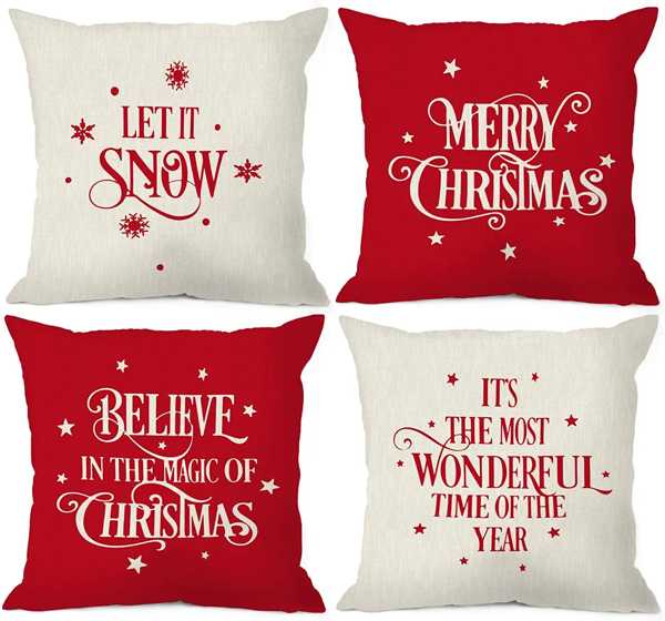 Xmas merryクリスマスレットスノースローピローカバーピローケース18x 18インチ (4個セット) 赤い装飾 ソファベッドリビングルーム