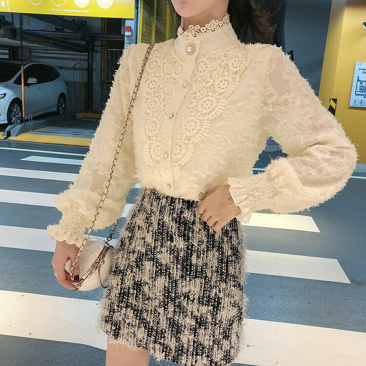 【クリアランス】刺繍レースブラウス ブラウストップス ハイネック フリンジ風 フロントボタン 長袖 春夏 きれいめ デイリーおしゃれ 大人カジュアル Sサイズ Mサイズ Lサイズ 大人可愛い JSファッション【210126】【1月新作】