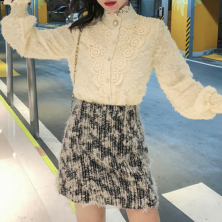 【クリアランス】刺繍レースブラウス ブラウストップス ハイネック フリンジ風 フロントボタン 長袖 春夏 きれいめ デイリーおしゃれ 大人カジュアル Sサイズ Mサイズ Lサイズ 大人可愛い JSファッション【210126】【1月新作】