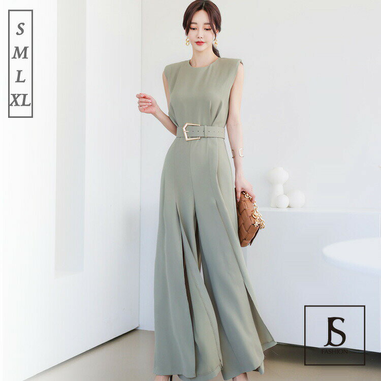 深いスリット パンツドレス パーティードレス オールインワン ロング ベルト付き フレアパンツ ロングパンツ ワイドパンツ ノースリーブ マキシ丈 ロング丈 きれいめ セクシー リゾートスタイル かっこいい 結婚式 披露宴