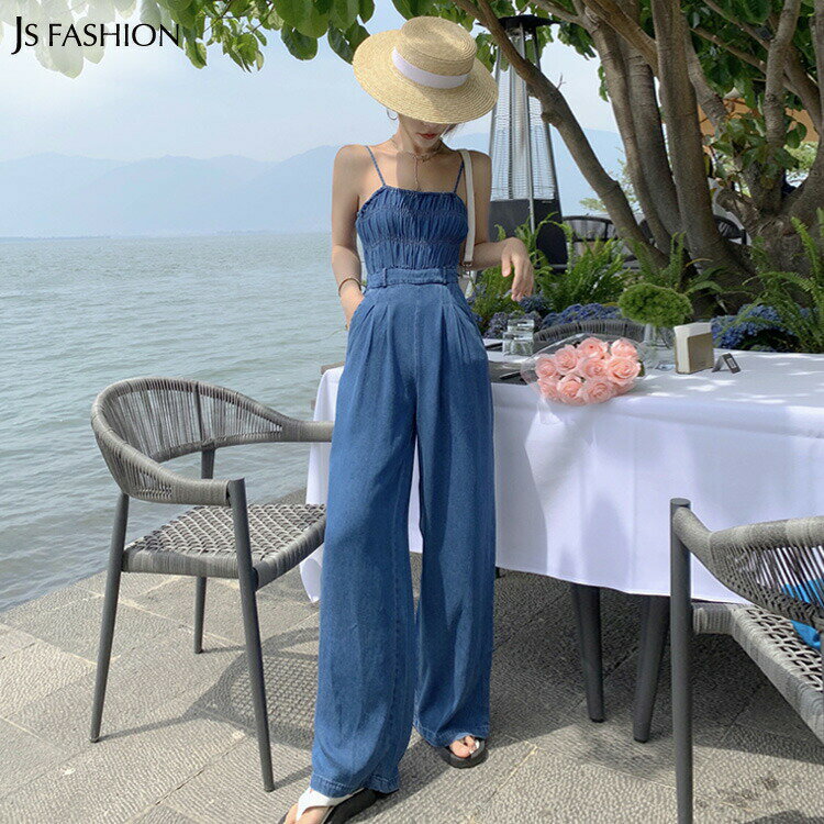 【送料無料】デニムオールインワン シャーリング サロペット ロングパンツ デニムパンツ ワイドパンツ ノースリーブ ブルー 大人カジュアル 春 夏 きれいめ デイリーおしゃれ Sサイズ Mサイズ 大人可愛い JSファッション【210706】【7月新作】