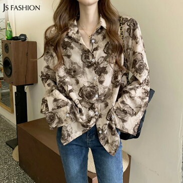 柄シャツブラウス 全2色 プリント柄シャツ ブラウストップス かっこいい 長袖 襟付き 総柄 フラワー柄 柄物 総柄 レディース 大人カジュアル 春 夏 デイリーおしゃれ F フリーサイズ 大人可愛い JSファッション【210615】【6月新作】