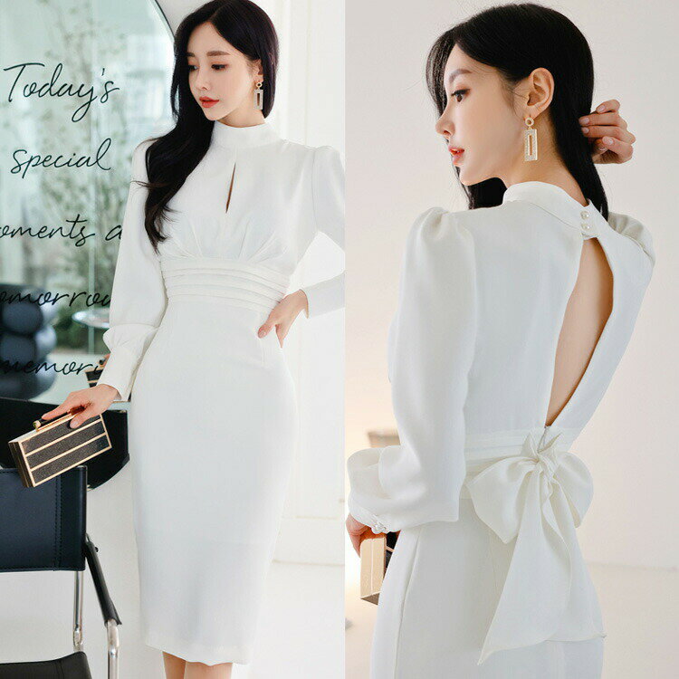【アウトレット セール】ワンピース バックリボン ウエストマーク 白 長袖 ミディアム丈 きれいめ 清楚系 細見え 華やかおしゃれ 大人セクシー 大きいサイズ 大人可愛い バレンタイン 結婚式 謝恩会 二次会 発表会 お呼ばれ 新年会 パーティードレス 春秋冬
