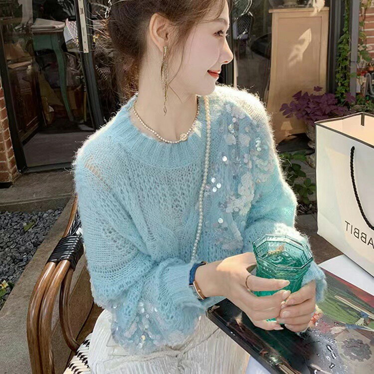 【スーパーSALE半額 50%OFF】透かしニットトップス 全2色 スパンコール飾り クルーネック 透け感 フェミニン ガーリー レディース 長袖 秋トップス 冬トップス セーター 大人カジュアル デイリー デート 通学 通勤 お出かけ ラフ 春ニット 秋冬【221208】のサムネイル