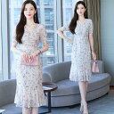マーメイド 花柄ワンピース 全2色 ウエストリボン 半袖 Vネック ミディアム丈 ひざ丈 膝下丈 夏ワンピ きれいめ おしゃれ 大人ガーリー 体型カバー 上品 お呼ばれ お花見 フリル 女子会 パーティー リゾート 春夏【ypy8310019】