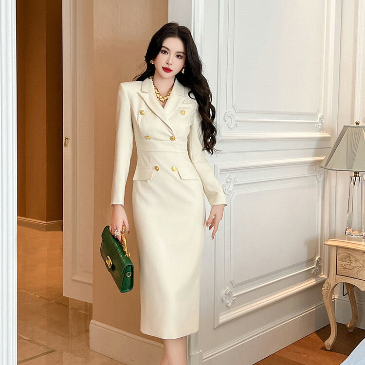 スーツワンピース 全2色 ダブルボタン 襟付き 無地 パーティードレス 長袖 エレガント ゴージャス タイト ワンピース ロング丈 きれいめ おしゃれ 上品 結婚式 謝恩会 お呼ばれ 春 秋 冬 オケージョン ディナーショー 服装 【jy8301394】