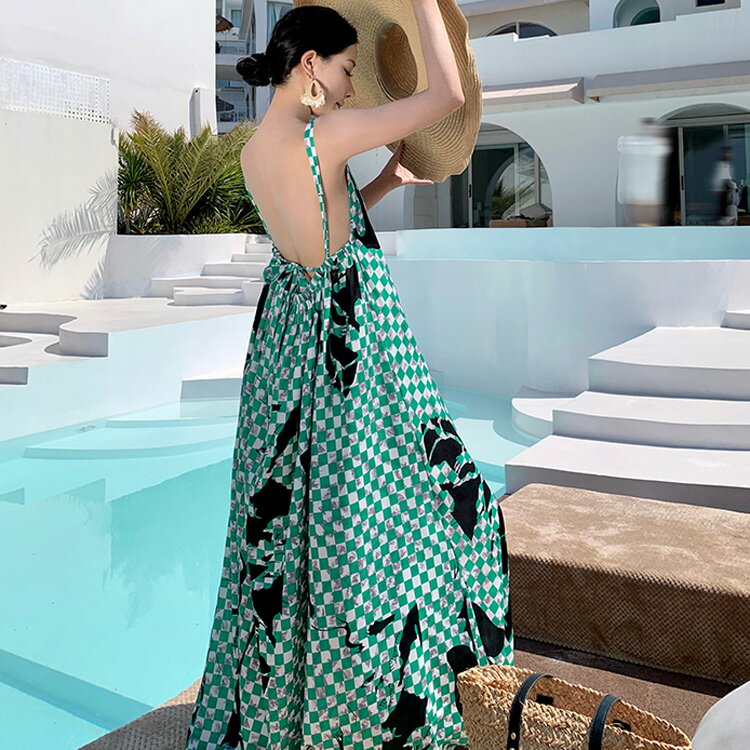 背中見せ リゾートワンピース チェック アート柄 芸術 ふんわりAライン バックオープン マキシワンピ ビーチワンピ ロングワンピ マキシ丈 ワンピース リゾート ドレス セクシー かっこいい 大きいサイズ 夏ワンピ レディース 沖縄 ハワイ 30代 40代 50代 60代【230728】のサムネイル