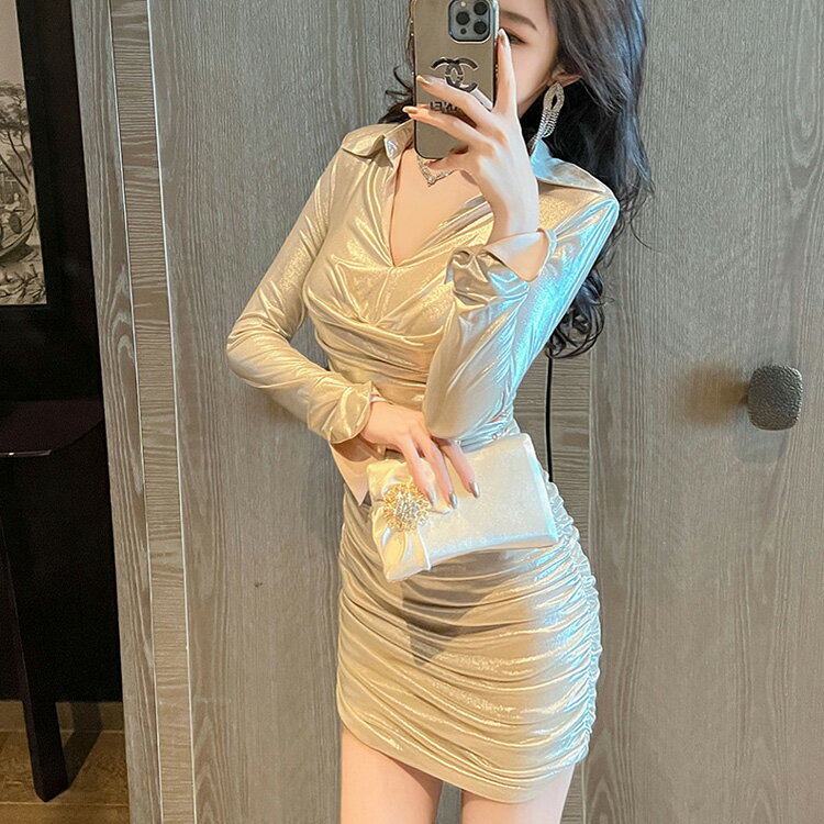 タイトワンピ 襟付き ギャザー パーティードレス タイト ワンピース 長袖 ミニ丈 ミニワンピ きれいめ おしゃれ セクシー 上品 エレガント ゴージャス 大きいサイズ 謝恩会 お呼ばれドレス 春 秋 冬 レディース オケージョン ディナーショー 服装 【jy8301434】