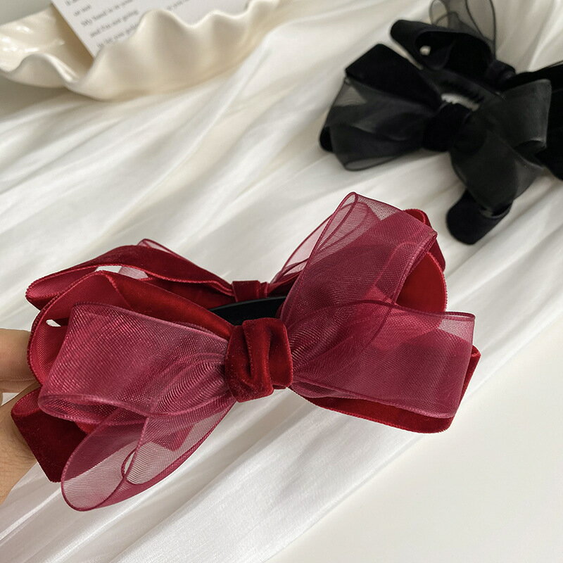 バナナクリップ ヘアクリップ リボン オーガンジー重ね ベロア ヘアアクセサリー 黒 謝恩会 髪留め 普段使い 髪飾り 上品 エレガント フォーマル パーティー...