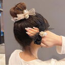 ヘアゴム 全2色 シュシュ オーガンジー リボン パール ビジュー キラキラ 黒 りぼん ヘアアクセサリー 髪留め ヘッドアクセサリー パーティー 可愛い キュ...