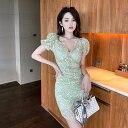 タイトワンピ 花柄 レース ワンピース ビジュー 縁取り ボタン 総柄 パフスリーブ パーティードレス 半袖 花柄 同窓会 ミ二丈 きれいめ おしゃれ リゾート...