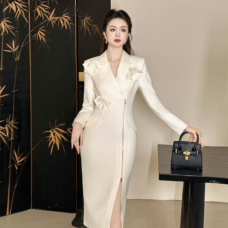 タイトワンピ 全2色 ジャケット風 立体花 襟付 ファスナー 付き パーティードレス タイト ワンピース セクシー 長袖 ミディアム丈 膝丈 ひざ丈 エレガント 春 夏 秋 冬 レディース お呼ばれドレス 【jy8301561】