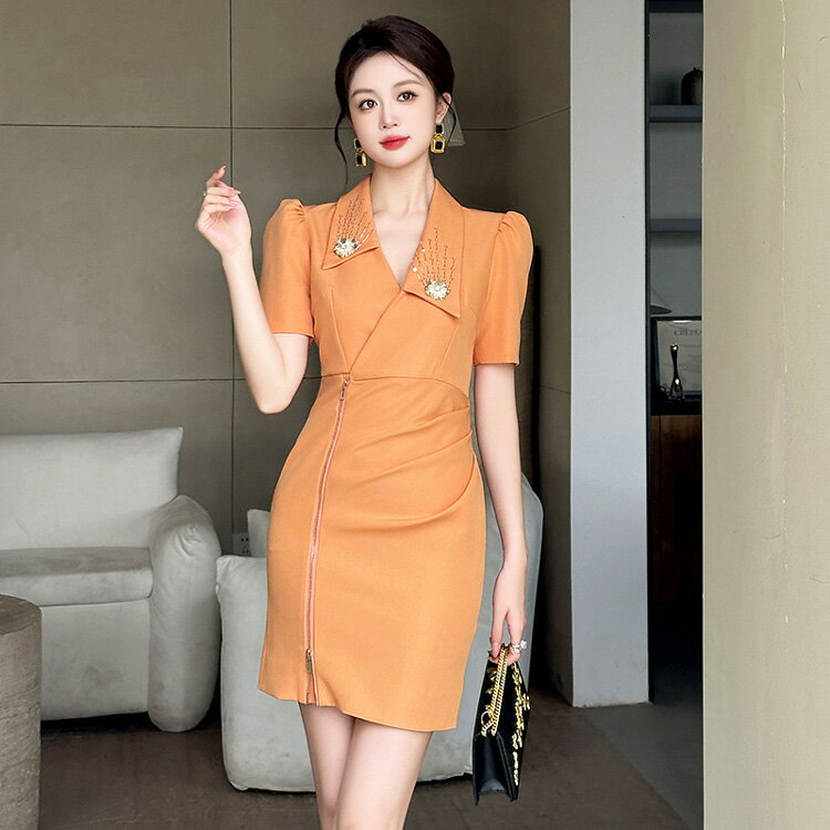 タイトワンピ ジャケット風 パーティードレス ファスナー スパンコール 刺繍 襟付き アシンメトリー タイト ワンピース 半袖 ミ二丈 きれいめ 上品 春 夏 秋 冬 レディース お呼ばれドレス 【jy8301640】