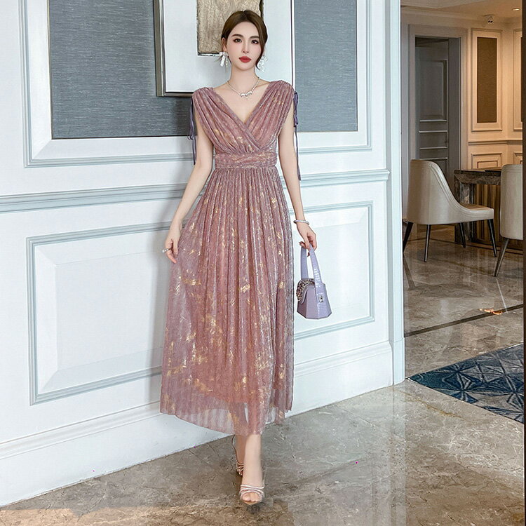 パーティードレス ノースリーブ Aラインワンピ 金箔風 アート柄 ワンピース 総柄 カシュクール風 シア- シースルー ギャザー 同窓会 ロング丈 マキシ丈 きれいめ 上品 エレガント 春 夏 秋 オケージョン 【jy8301600】