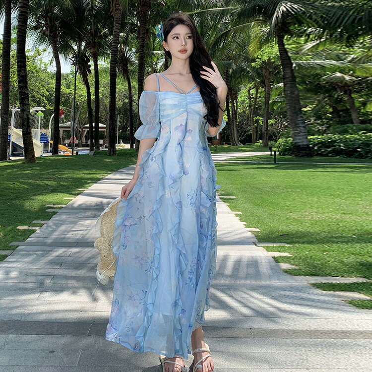 リゾートワンピ 花柄 シアー フリル 花柄ワンピ オフショル風 シースルー マキシワンピ 半袖 ビーチワンピ ロングワンピ マキシ丈 リゾート ワンピース セクシー きれいめ 上品 大人 夏 夏ワンピ バカンス 海 ビーチ【rm5600268】のサムネイル