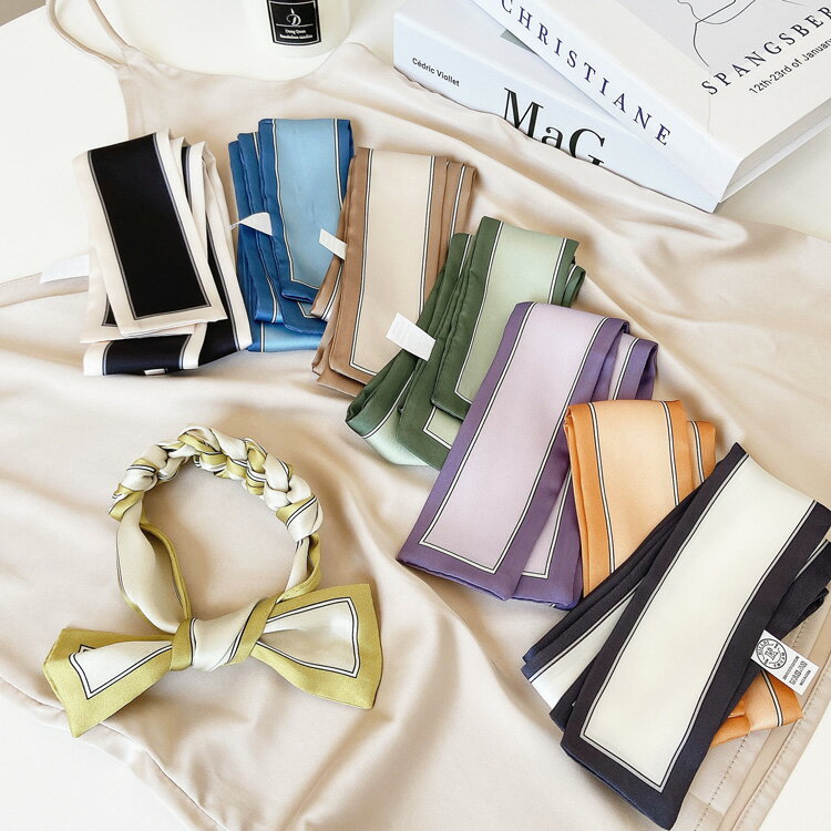 スカーフ 全8柄 バイカラー 配色 シンプル 柄細スカーフ 細め ヘアアクセサリー リバーシブル アレンジ バッグスカーフ 上品 バッグに結ぶ 腕用 ヘアリボン オレンジ パープル イエロー ブルー グリーン ブラック ブラウン系 レディース 母の日 ギフト プレゼント