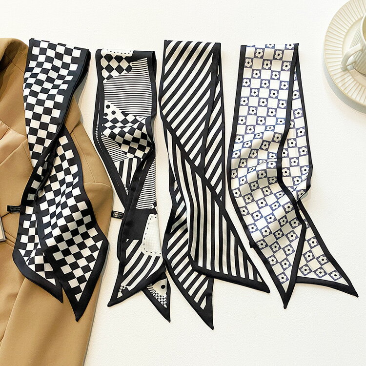 柄スカーフ 全4柄 市松模様 ストライプ 花柄 柄細スカーフ 細め ヘアアクセサリー リバーシブル アレンジ バッグスカーフ リボン 上品 バッグに結ぶ ヘアアレンジ 腕用スカーフ ヘアリボン レディース 母の日 ギフト プレゼント【acc00229】