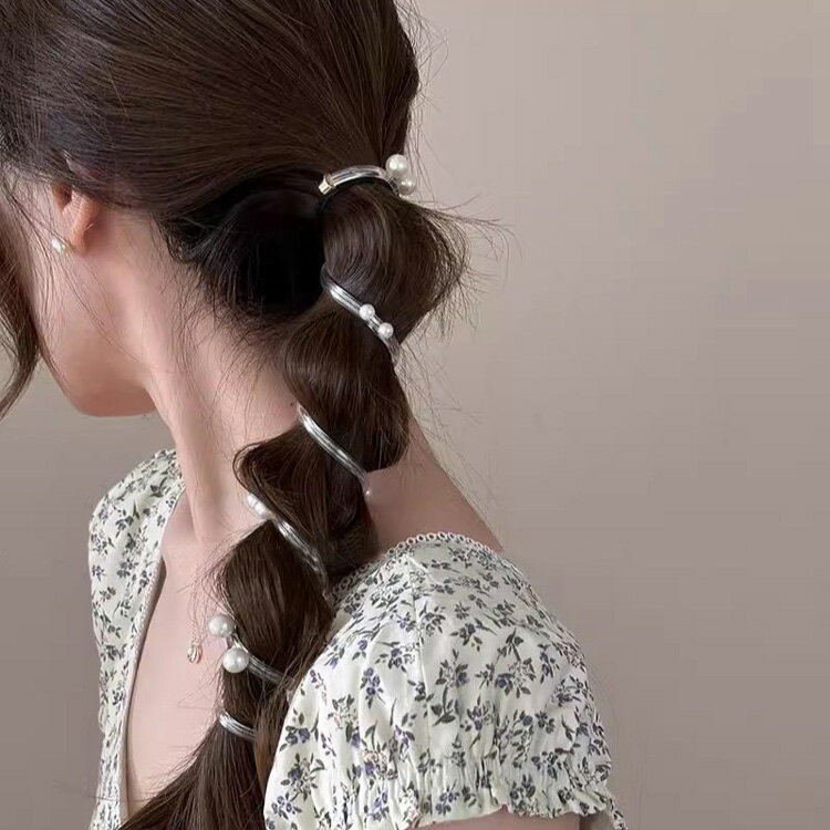 ヘアアクセサリー 全4種 コイルポニー パール付き ポニーテール 簡単 ヘアポニー ぐるぐる 髪飾り ヘアアレンジ 結婚式 成人式 謝恩会 髪留め リボン 可愛...