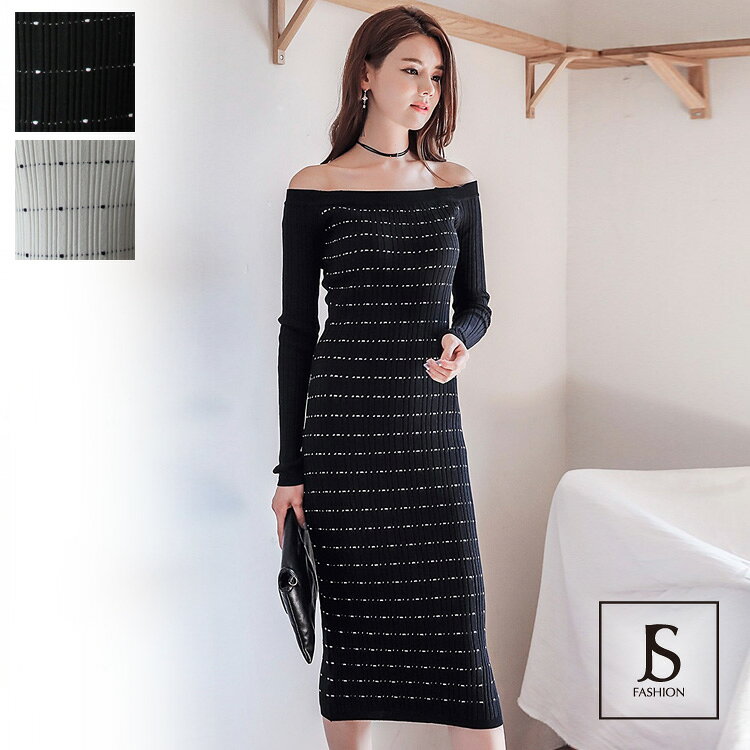 【今だけ送料無料】ニットワンピース 2色 オープンショルダー タイトライン リブニット ミモレ...