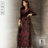 ロングワンピース 花柄 プリント リゾート全開カシュクールワンピース Aライン ロング丈 ラップワンピース 大きいサイズ 長袖 袖あり きれいめ 華やか 上品 お呼ばれ マキシワンピース 花柄 エレガント パーティードレス 春 夏 秋 冬 