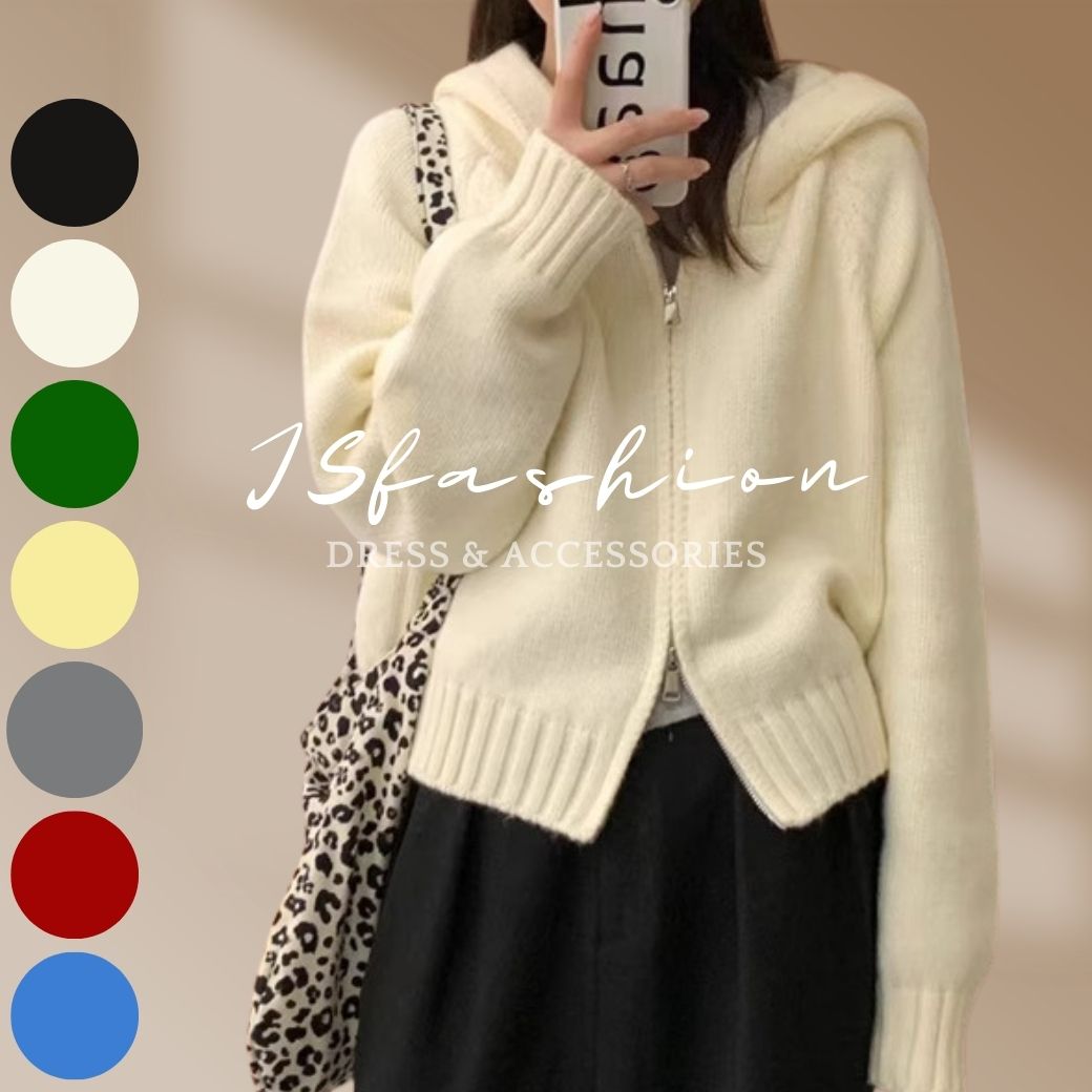 フード付き ニットカーディガン 全7色 シンプル 無地 ダブルジップ ゆったりニット 長袖 レディース トップス 大人可愛い シンプル オフィスカジュアル フェミニン 普段着 秋冬ニット 春服 ブラック ホワイト イエロー レッド グリーン ブルー グレーのサムネイル